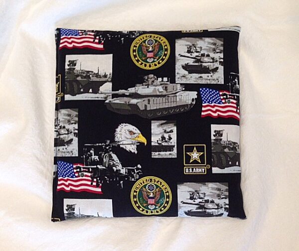 A black Army Comfy Corn Bag 8x8 with an American flag and a tank on it.