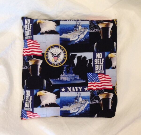 A Navy Comfy Corn Bag 8x8 with a navy and eagle on it.