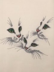 Three white kittens with green eyes on a Kitten Trio Embroidered Deluxe Flour Sack Towel.