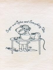 A white "Sugar and Spice..." Embroidered Flour Sack Towel with a drawing of a girl cooking.