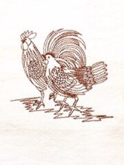 A drawing of two Chickens Embroidered Flour Sack Towel on a piece of paper.
