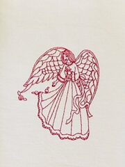 An embroidery of a Love Angel on a white towel.