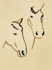 A drawing of two horses on a beige background.